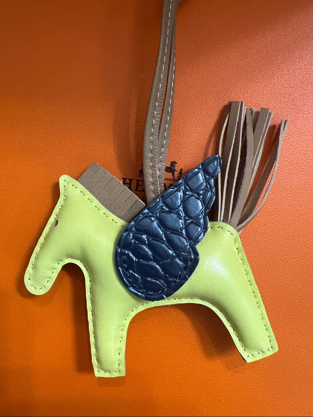 Lamb skin Leather Horse Charm in Yellow with Dark Blue Wing